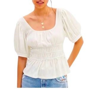 Maeve by Anthropologie White Peplum Puff Sleeve top L